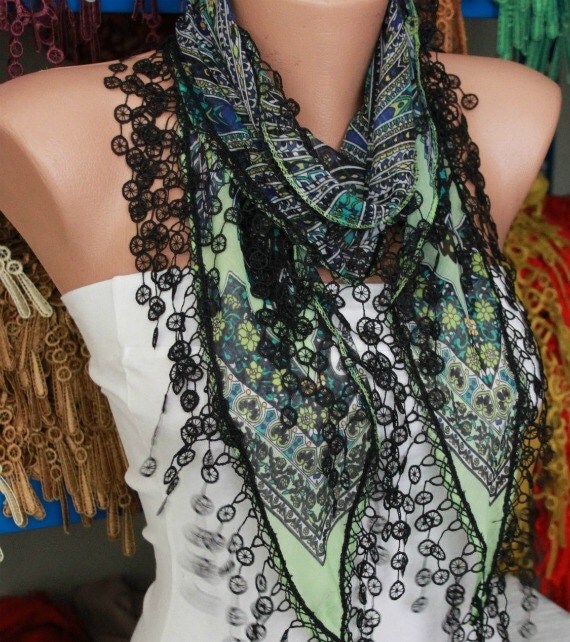 Multicolor Scarf - Cotton Scarf - Cowl with Lace Edge -