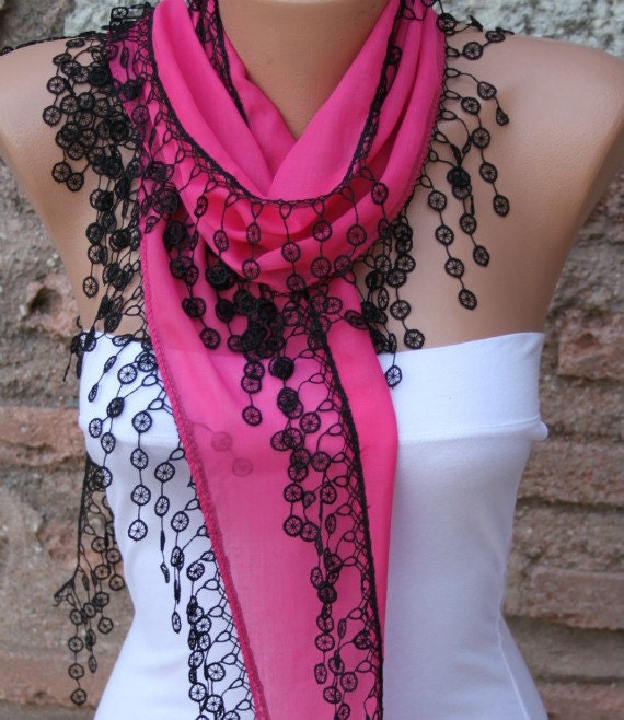 Hot Pink Scarf - Cotton Scarf - Cowl with Lace Edge - fatwoman