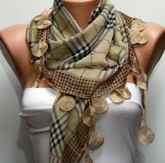Plaid  Scarf -  Cotton Scarf  Cowl Scarf with  Lace Edge - fatwoman