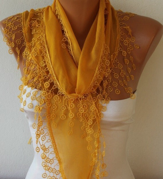 Cotton  Scarf - Shawl -  Cowl with Lace Edge   - Mustard - fatwoman