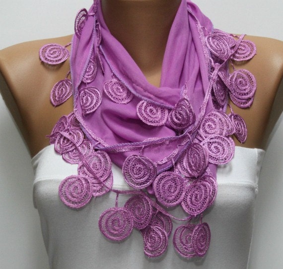 Thulian Pink  Scarf  - Cotton  Scarf -  Cowl with Lace Edge   - fatwoman