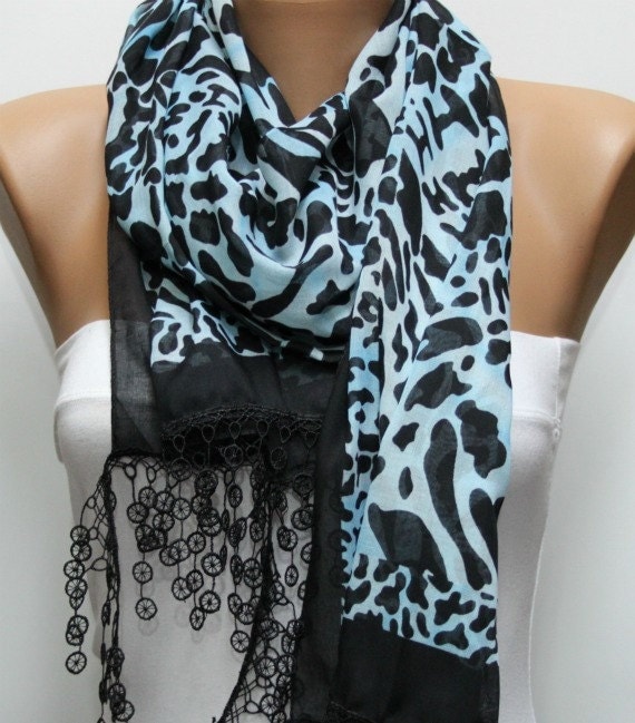 Leopard  Scarf -  Cotton Scarf  Cowl with  Lace Edge