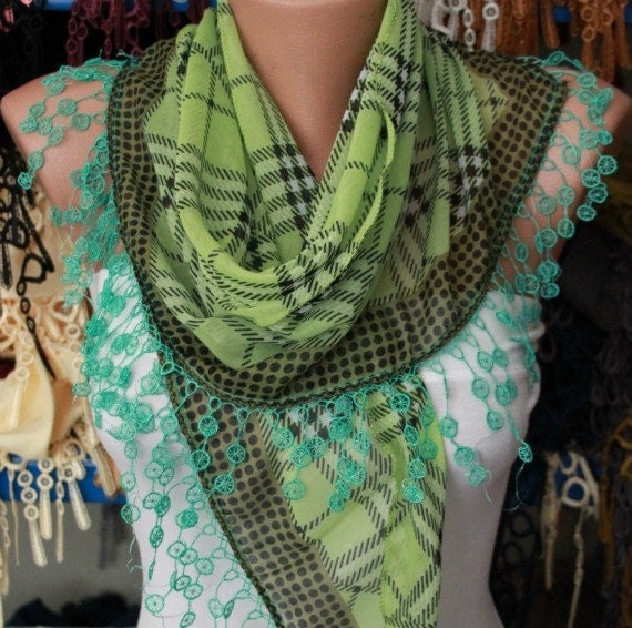 Pistachio Plaid  Scarf -  Cotton Scarf  Cowl with  Lace Edge