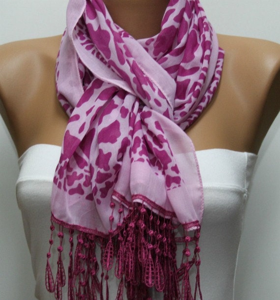 Leopard  Scarf -  Cotton Scarf  Cowl with  Lace Edge
