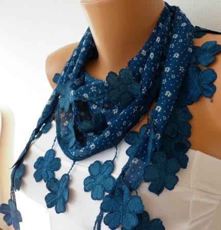 Blue Scarf Cotton Scarf with Lace Edge Multicolor Gift for Her - bridesmaid gift - fatwoman