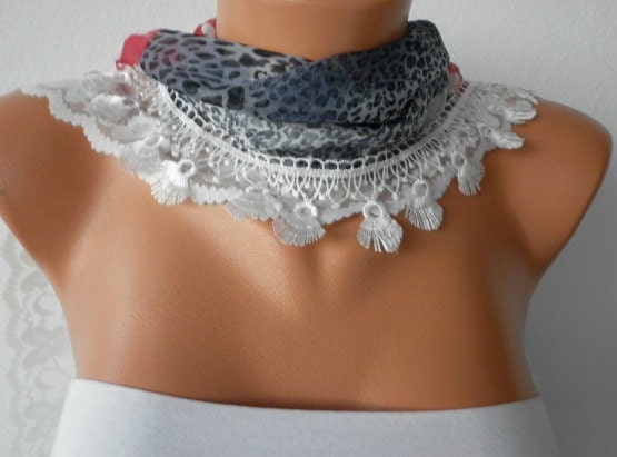 Leopard Print  Scarf  -  Cowl with Lace Edge  Gray Blue  Red Lace