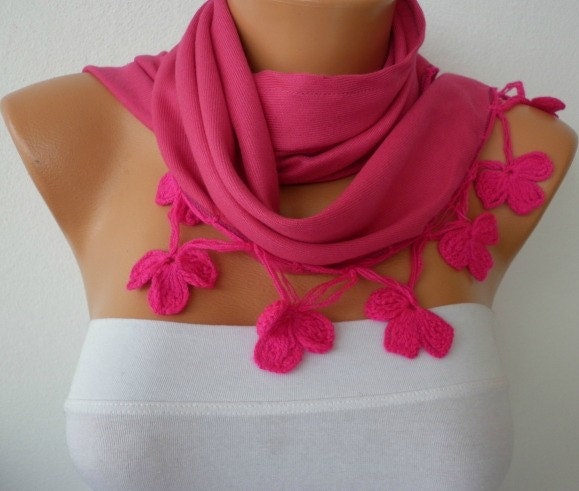 Pashmina  Scarf  - Cotton Scarf - Headband - Cowl with Lace  - Pink