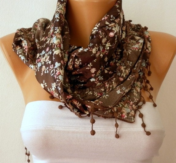 Women Shawl  Scarf -  Cowl with Lace - Brown