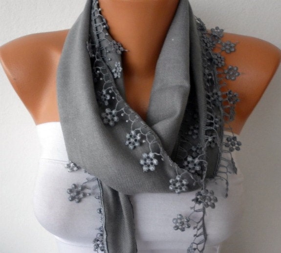ON SALE - Silver Gray Scarf - Pashmina Scarf - Cowl with Lace Edge - Bridesmaid Gift