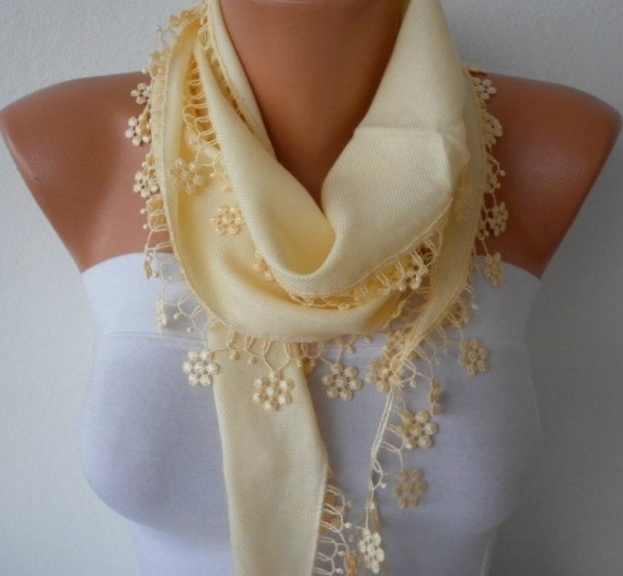 Light Yellow Scarf - Pashmina Scarf -  Cowl Scarf  with Lace Edge - fatwoman