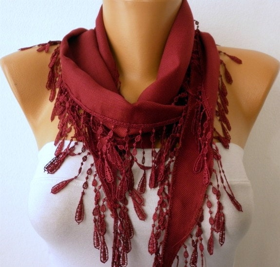 Burgundy  Scarf  - Pashmina  Scarf - Cowl with Lace Edge   -