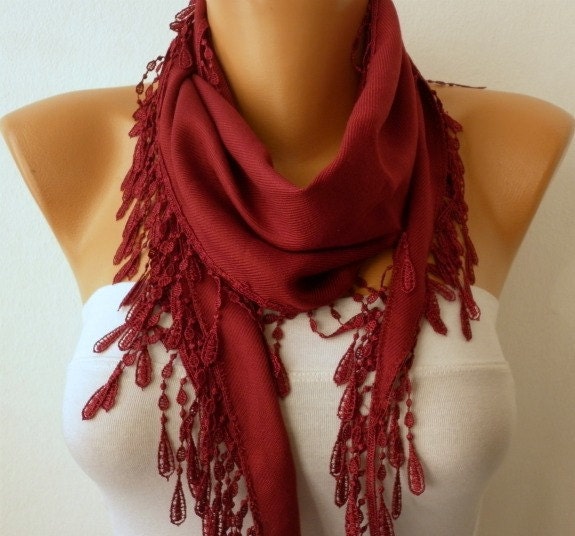 Burgundy  Scarf  - Pashmina  Scarf - Cowl with Lace Edge   -