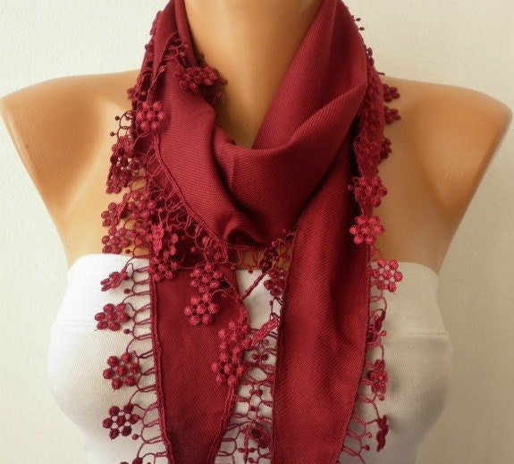 Burgundy Scarf - Pashmina Scarf - Cowl with Lace Edge -