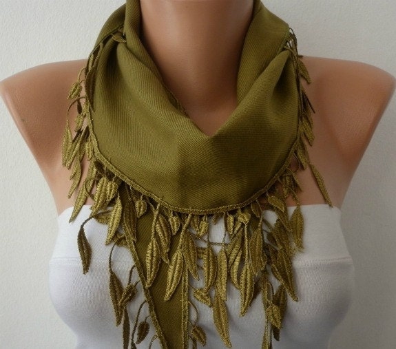 Olive Green Scarf -  Pashmina Scarf  - Cowl Scarf with Lace Edge - fatwoman