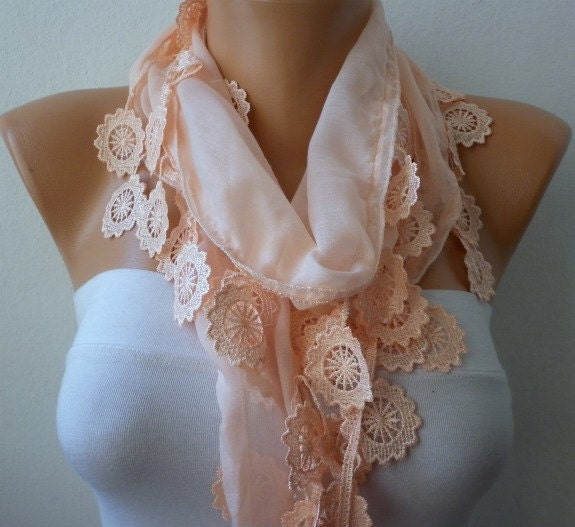 Salmon Scarf  - Cotton  Scarf -  Cowl with Lace Edge   -