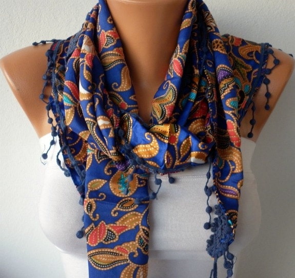 BIG SALE Blue Paisley Scarf - Floral Scarf - Shawl Scarf - Women Scarf - Cowl with Lace - Multicolor