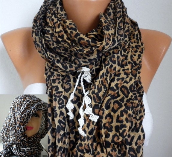 Leopard Scarf - Cotton Scarf -  Cowl with Lace Edge Head cover - Head Scarf  - fatwoman