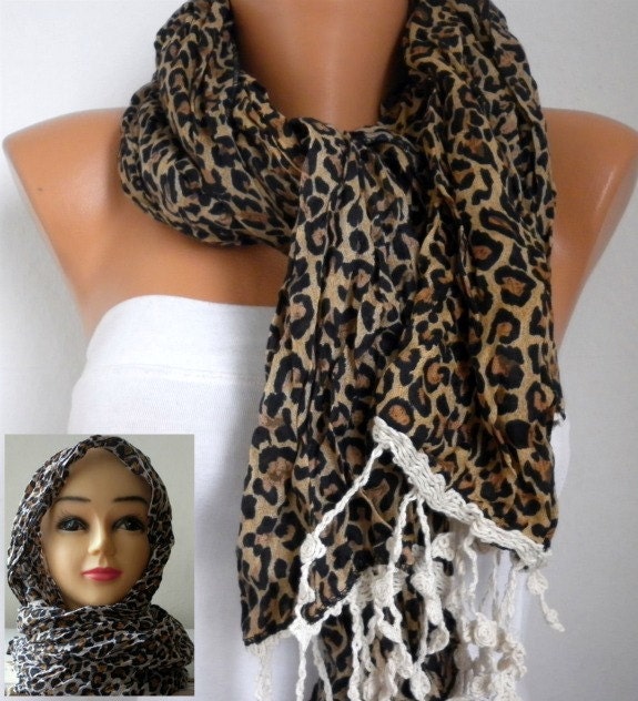 Leopard Scarf - Cotton Scarf -  Cowl with Lace Edge Head cover - Head Scarf  - fatwoman