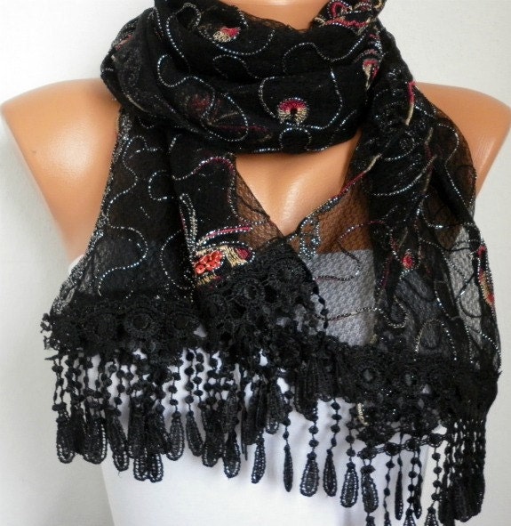 Red Black Scarf -  Cowl with Lace Edge - Butterfly Scarf with Sequin