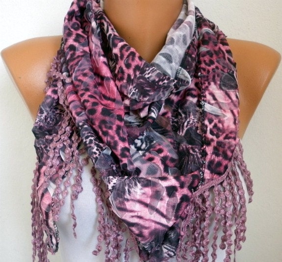 Pink Leopard Scarf -  Cowl  Scarf with Lace Edge - fatwoman