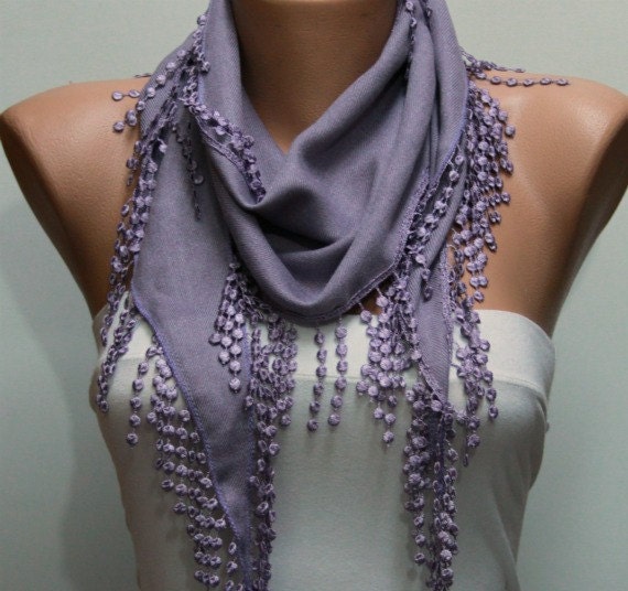 Lilac Scarf   Pashmina Scarf  Headband Necklace Cowl with Lace Edge Gift for Her Valentine