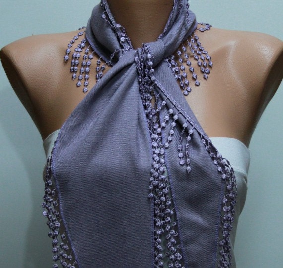 Lilac Scarf   Pashmina Scarf  Headband Necklace Cowl with Lace Edge Gift for Her Valentine