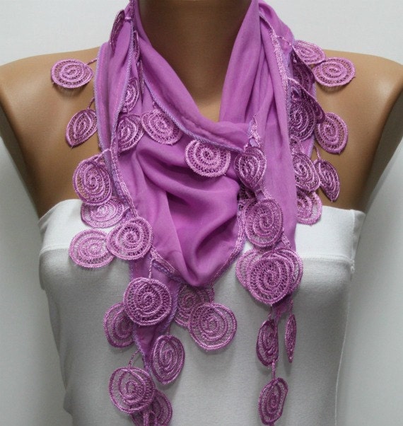 Thulian Pink  Scarf  - Cotton  Scarf -  Cowl with Lace Edge   - fatwoman