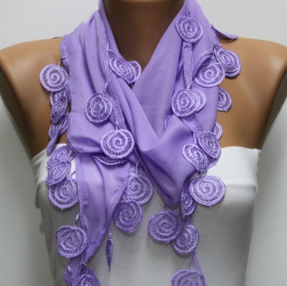 Lilac  Scarf  - Cotton  Scarf -  Cowl with Lace Edge   -