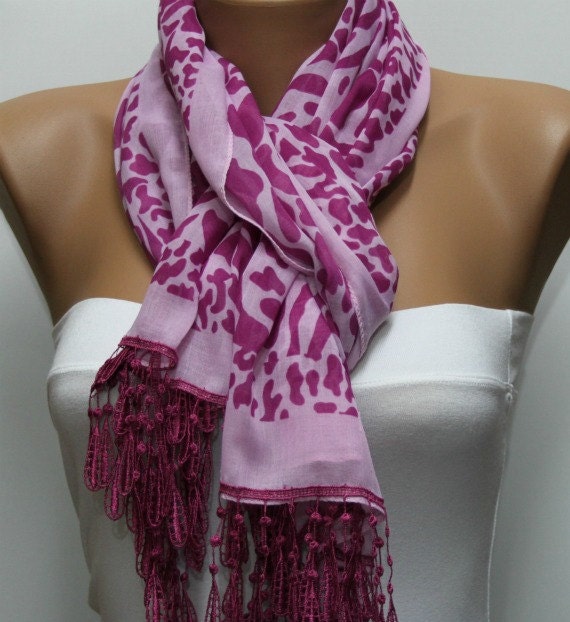 Leopard  Scarf -  Cotton Scarf  Cowl with  Lace Edge