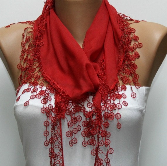 Red Scarf  - Cotton  Scarf -  Cowl with Lace Edge   -