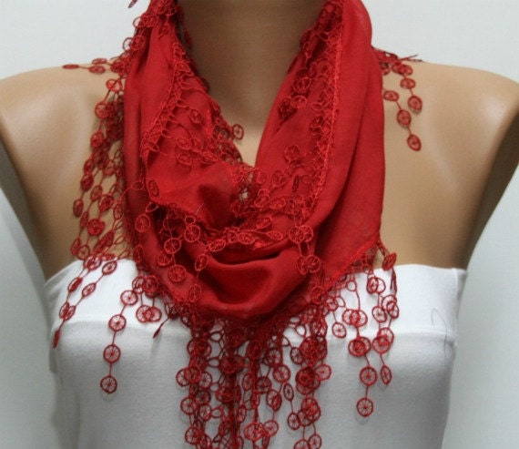 Red Scarf  - Cotton  Scarf -  Cowl with Lace Edge   -