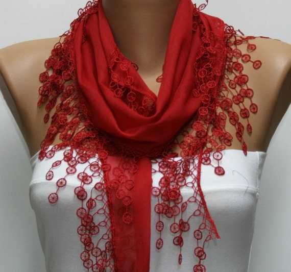 Red Scarf  - Cotton  Scarf -  Cowl with Lace Edge   -