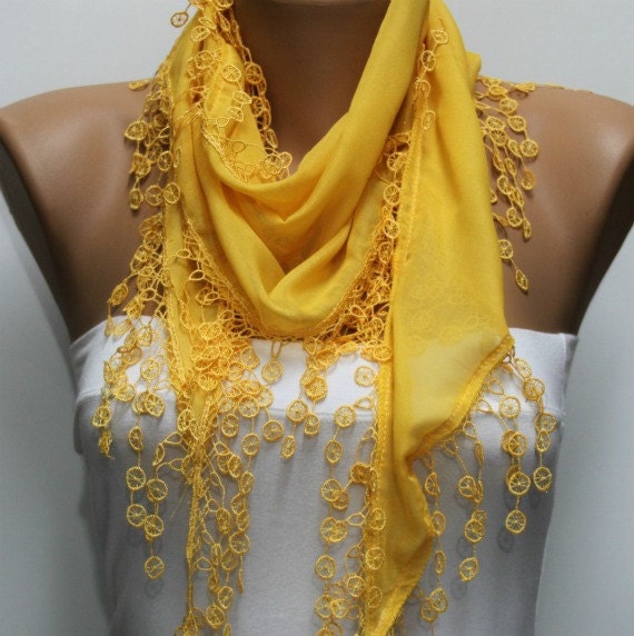 Yellow Scarf - Cotton Scarf - Cowl with Lace Edge -