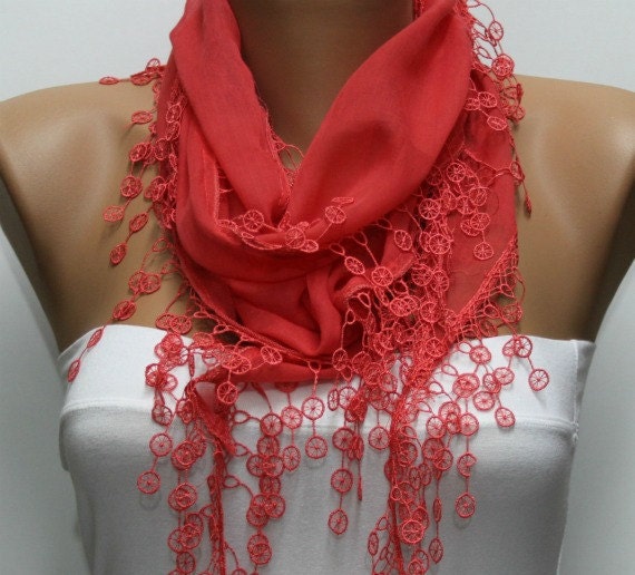 Amaranth Scarf - Cotton Scarf - Cowl Scarf - Shawl with Lace Edge -