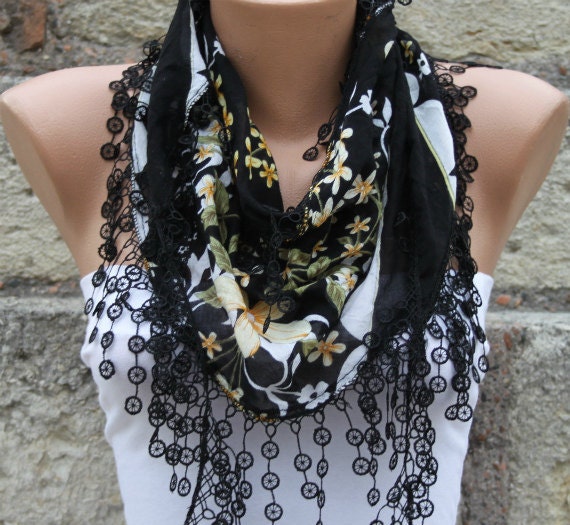 Black Scarf - Cotton Scarf - Cowl Scarf with Lace Edge - fatwoman