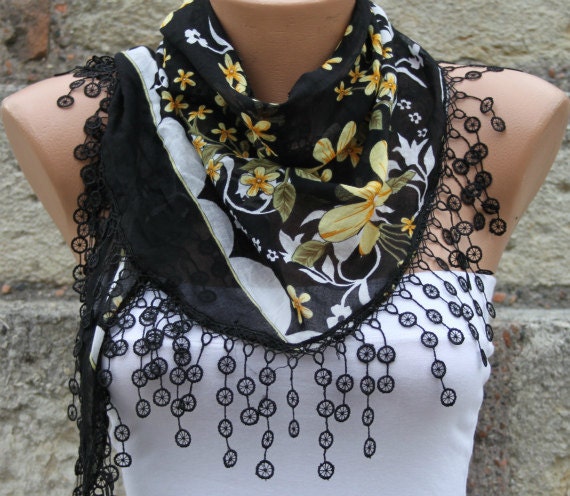 Black Scarf - Cotton Scarf - Cowl Scarf with Lace Edge - fatwoman