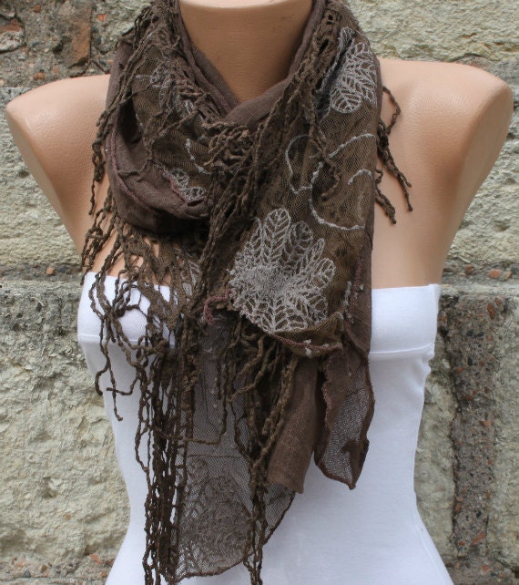 Brown Shawl Scarf - Cowl with Lace Edge