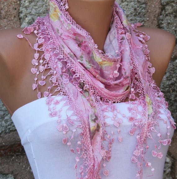 Multicolor Scarf  - Cotton  Scarf -  Cowl with Lace Edge