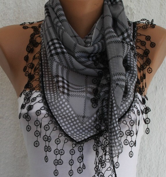Gray Plaid  Scarf -  Cotton Scarf  Cowl Scarf with  Lace Edge - fatwoman