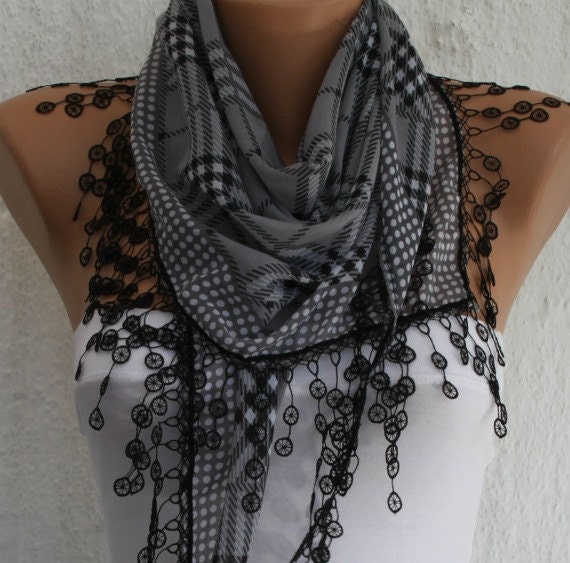 Gray Plaid  Scarf -  Cotton Scarf  Cowl Scarf with  Lace Edge - fatwoman