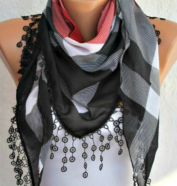 Plaid Scarf - Cotton Scarf Cowl Scarf with Lace Edge - fatwoman