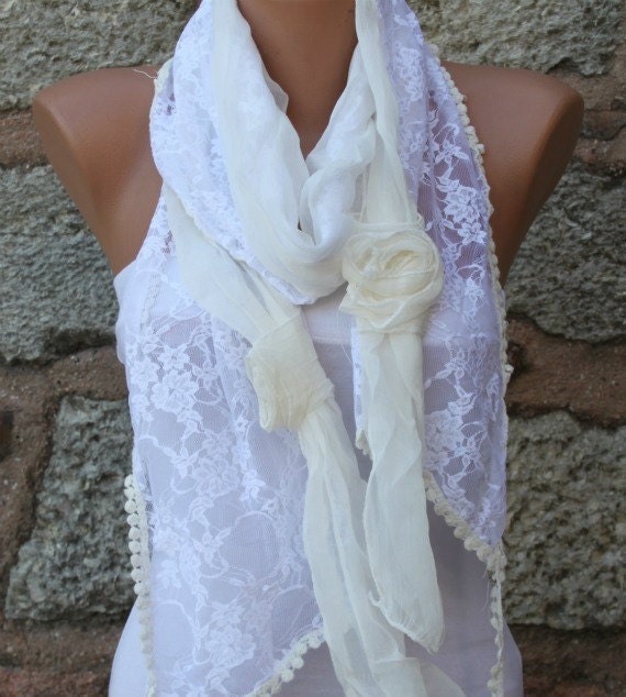 BIG SALE Creamy White Scarf - Cowl Scarf - fatwoman bridesmaid gift Lace Scarf Lace Shawl Bridal