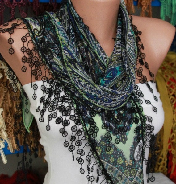 Multicolor Scarf - Cotton Scarf - Cowl with Lace Edge -