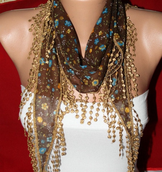 Brown Scarf  - Cotton Scarf -  Cowl Scarf  with  Lace Edge Multicolor Scarf - fatwoman