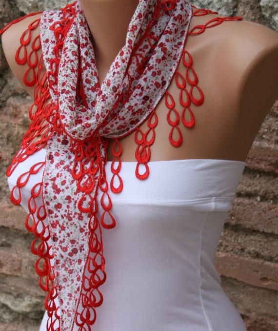 Multicolor Scarf  - Cotton Scarf -  Cowl with Red Lace Edge