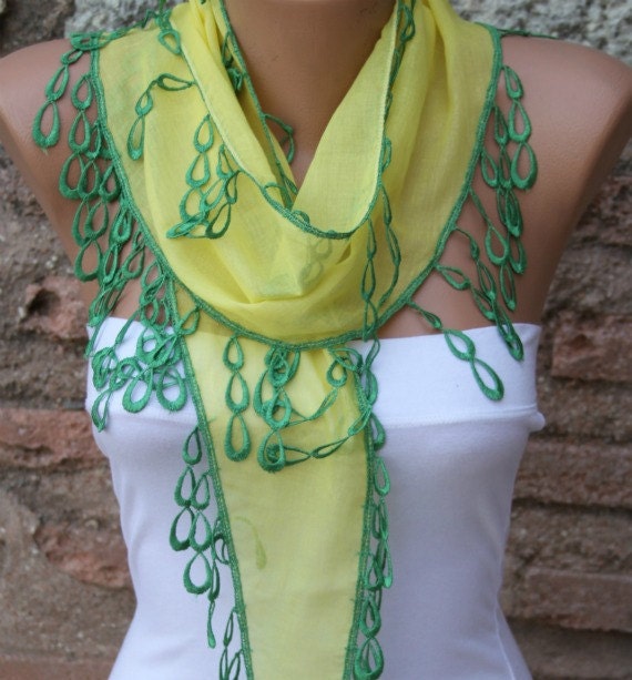 Yellow Scarf - Cotton Scarf - Cowl with Green Lace Edge