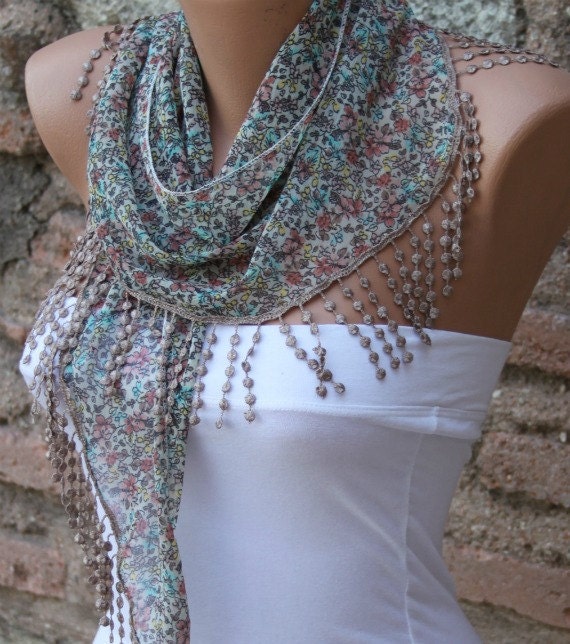 Multicolor Shawl - Cotton Scarf -  Cowl Scarf  with  Lace Edge - fatwoman