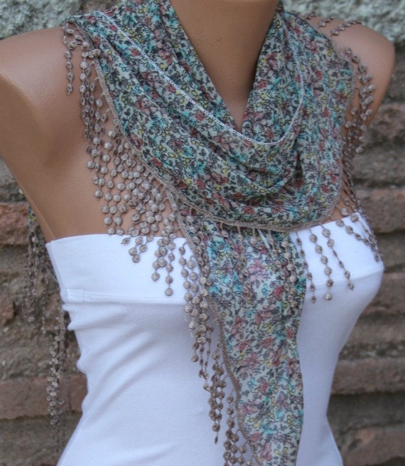 Multicolor Shawl - Cotton Scarf -  Cowl Scarf  with  Lace Edge - fatwoman
