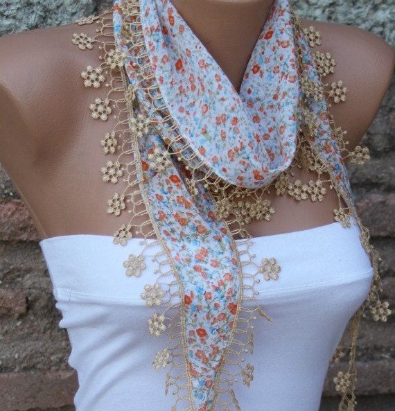 Multicolor Scarf - Cotton Scarf -  Cowl with  Lace Edge