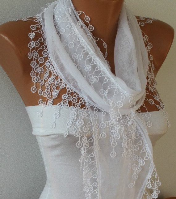 White Scarf Cotton Scarf - Shawl - Cowl Scarf with Lace Edge - White Scarf - fatwoman - Bridesmaids Gifts